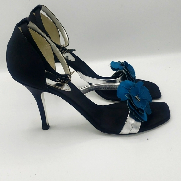 LOUIS VUITTON SIZE 39 OR US 9 COLOR BLACK SATIN SILVER LEATHER AQUA BLUE USED 2X - Picture 9 of 14